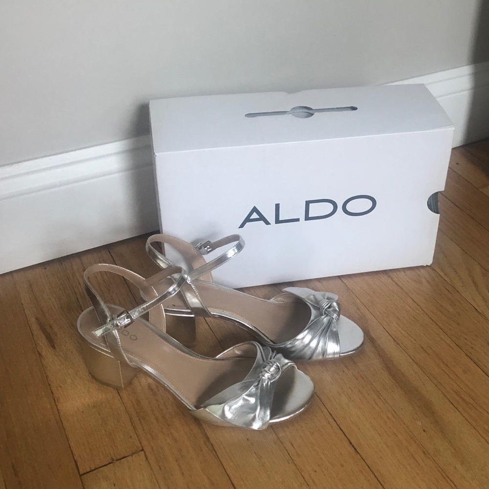 Aldo Metallic Silver Chunky Heel “Knottie” Shoes